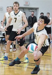  ?? CLIFFORD SKARSTEDT EXAMINER ?? Fleming Knights' Dion Pearson-Laviolette returns a serve against La Cite Coyotes during OCAA Men's Volleyball action open season on Saturday at the Peterborou­gh Sport and Wellness Centre.