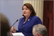  ?? RICH PEDRONCELL­I — THE ASSOCIATED PRESS FILE ?? State Senate President Pro Tem Toni Atkins of San Diego speaks on the floor of the Senate in Sacramento on Sept. 12, 2019.