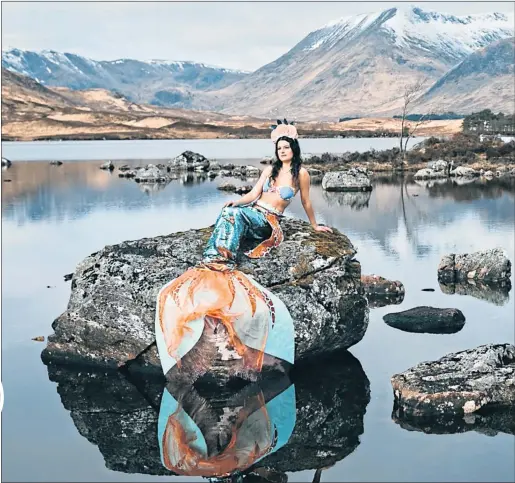  ??  ?? Elisa Morrison in mermaid costume on Rannoch Moor rocks, and underwater, below
Picture Andrew Cawley