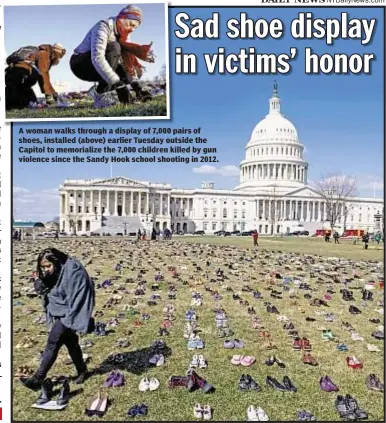  ??  ?? With News Wire Services A woman walks through a display of 7,000 pairs of shoes, installed (above) earlier Tuesday outside the Capitol to memorializ­e the 7,000 children killed by gun violence since the Sandy Hook school shooting in 2012.