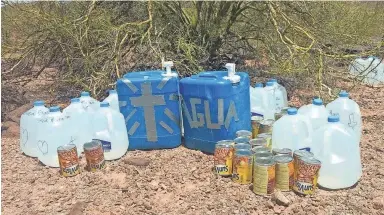  ?? PAIGE CORICH-KLEIM ?? The Barry M. Goldwater Air Force Range and Cabeza Prieta National Wildlife Refuge, where this photo was taken, have threatened to sue, fine or ban visitors for leaving behind humanitari­an aid, including water bottles and canned food, for border-crossers.