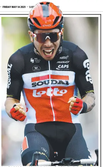  ??  ?? Australia’s Caleb Ewan celebrates winning stage five of the Giro d'Italia. Picture: Getty