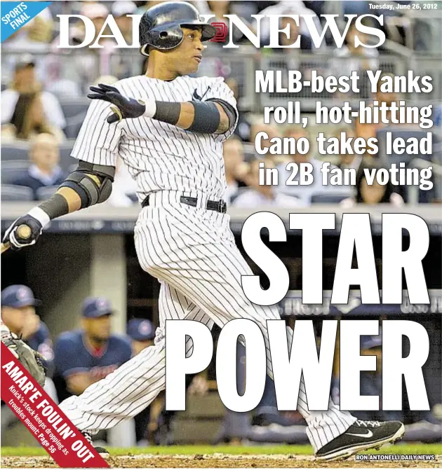  ?? RON ANTONELLI DAILY NEWS ?? Robinson Cano homers and doubles home two runs to lift Yanks to 7-1 victory over Indians and best record in all of baseball.