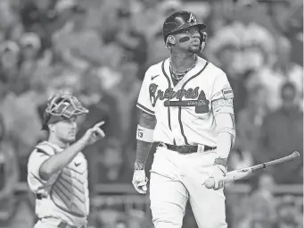  ?? BRETT DAVIS/USA TODAY SPORTS ?? Ronald Acuña Jr. reacts during the Braves’ 2023 NLDS loss to the Phillies.