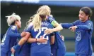  ??  ?? Chelsea players celebrate after Sam Kerr scored their second goal. Photograph: Chloe Knott for The FA/Rex/Shuttersto­ck