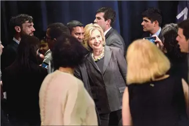  ?? MICHAEL APPLETON/THE NEW YORK TIMES ?? Democratic presidenti­al hopeful Hillary Rodham Clinton greets the crowd Friday after speaking at New York University’s Leonard N. Stern School of Business in New York. Clinton outlined her vision for long-term economic growth during the policy speech.
