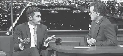  ?? SCOTT KOWALCHYK/CBS ?? James Franco told Stephen Colbert on Tuesday’s “Late Show” that he wore a Time’s Up pin at the Golden Globes to advocate gender equality because “I support it. I support change.”