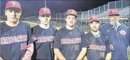  ??  ?? Truro Bearcats under-18 AAA baseball gers and assistant coach Curtis Briggs. players, from left, Chad Russell, Tanner Greatorex, Mackie Marquis, Connor An-