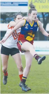  ??  ?? Colts women’s player Breanna Pratt boots her third goal during the match against Red Hill.