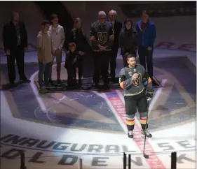  ?? SAM MORRIS / LAS VEGAS NEWS BUREAU ?? Vegas Golden Knights defenseman Deryk Engelland addresses the crowd before the team’s home opener Oct. 10 at T-mobile Arena.