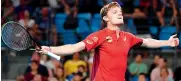  ?? AFP ?? David Goffin of Belgium celebrates after winning his men’s singles match against Rafael Nadal of Spain at the ATP Cup tennis tournament in Sydney on Friday. Goffin won in straight sets at 6-4, 7-6 (7/3). —