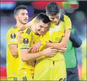  ?? ?? Dinamo Zagreb's Amer Gojak (L) and Dino Peric celebrate going through to the next round after beating West Ham.