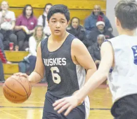  ?? JOEY SMITH/TRURO NEWS ?? Gabe Natividad of the Bible Hill Huskies looks to set up a play during game action against the Truro Panthers at the CEC leadership junior boys hoops tournament.