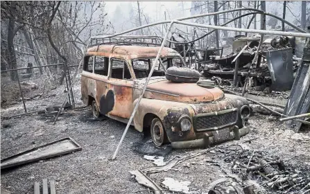  ?? — Bloomberg ?? Scorched earth: A burned-out vehicle stands among charred remains in Paradise, California. The number of hectares burned in the fires was reportedly higher than the total burned in wildfires last year.