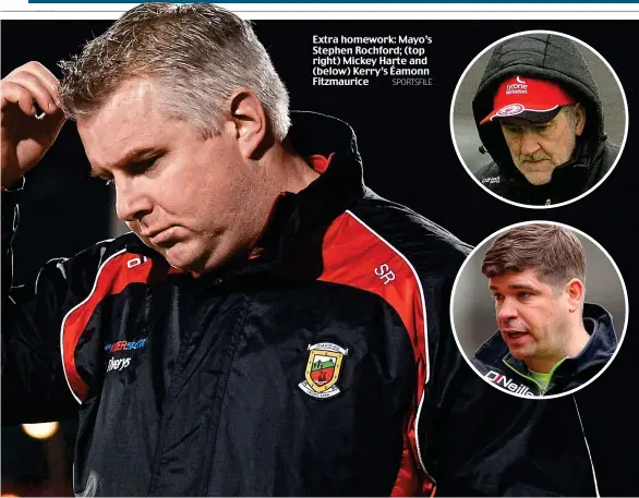  ?? SPORTSFILE ?? Extra homework: Mayo’s Stephen Rochford; (top right) Mickey Harte and (below) Kerry’s Éamonn Fitzmauric­e