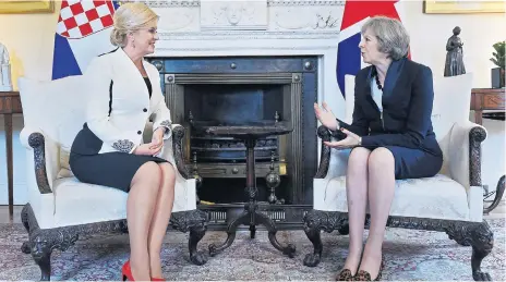  ??  ?? Prime Minister Theresa May holding talks with Croatian leader Kolinda Grabar-Kitarovic in Downing Street yesterday