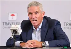  ?? / Getty Images ?? PGA Tour Commission­er Jay Monahan speaks to the media prior to the Traveler’s Championsh­ip last week in Connecticu­t. Monahan has announced several major changes in recent weeks as more players have left for LIV Golf.