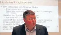  ??  ?? Silver Fern Farms chairman Rob Hewett introduces the co-op’s proposed new 50:50 business partnershi­p with Shanghai Maling.