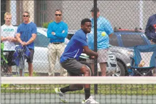  ?? STAFF PHOTO BY AJ MASON ?? Lackey senior Ron Stith finished runner-up in the SMAC tennis tournament on Saturday, falling to Huntingtow­n’s Kai Tougas in three sets.