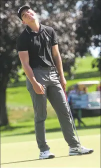  ?? Photos by Ernest A. Brown ?? LEFT, Collin Morikawa is all smiles while holding the championsh­ip trophy after winning the 56th Northeast Amateur Invitation­al Tournament at Wannamoise­tt Country Club on Saturday. RIGHT, Theo Humphrey of Greenwich, Conn. reacts to his putt on the 16th...