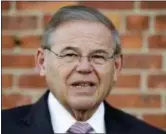  ?? AP PHOTO/JULIO CORTEZ, FILE ?? FILE - In this June 5, 2018 file photo, U.S. Sen. Bob Menendez, D-N.J., speaks to reporters after casting his vote in the New Jersey primary election at the Harrison Community Center in Harrison, N.J.