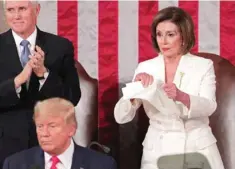  ?? — Reuters ?? Speaker of the House Nancy Pelosi rips up the speech of US President Donald Trump after his State of the Union address to a joint session of the US Congress in Washington on February 4, 2020.