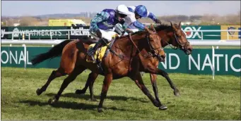  ??  ?? Tom O’Brien wins on Thyme Hill at Aintree ahead of Harry Skelton on Roksana.