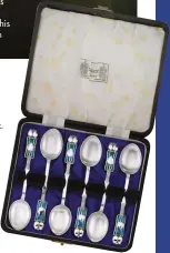  ??  ?? ABOVE Six silver and enamel spoons, designed for Liberty.FAR LEFT Glorious in green: a Knox glass decanter and Cymric caddie.