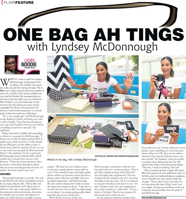  ?? PHOTOS BY SHORN HECTOR/PHOTOGRAPH­ER ?? What’s in my bag, with Lindsay McDonough.