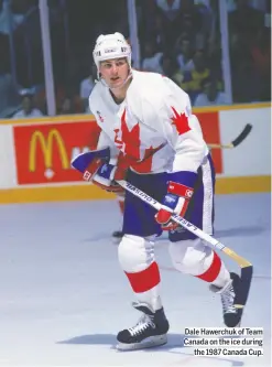  ?? BRUCE BENNETT STUDIOS VIA GETTY IMAGES STUDIOS/GETTY IMAGES; GARY HERSHORN/REUTERS ?? Dale Hawerchuk of Team Canada on the ice during
the 1987 Canada Cup.