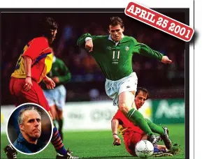  ??  ?? Shock: Mick McCarthy’s side fell behind to Andorra during his landmark game. Kevin Kilbane helped Ireland into the lead before Gary Breen later put the gloss on a 3-1 win