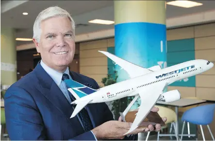  ?? LARRY MACDOUGAL/THE CANADIAN PRESS FILES ?? WestJet Airlines CEO Gregg Saretsky, seen with a model of the Boeing 787 Dreamliner, says the company prefers to hire Swoop pilots internally. WestJet is in talks with the pilots union, which says the firm has “not properly engaged” with it on Swoop.