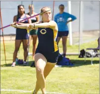  ?? Jesse Munoz/ COC Sports Informatio­n ?? College of the Canyons freshman Dana Bowers claimed a Western State Conference championsh­ip in the javelin with a throw of 33.61m on Friday, while also qualifying for the CCCAA SoCal Championsh­ips in three events.