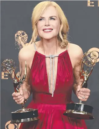  ?? Picture: AP ?? Nicole Kidman in Los Angeles yesterday with two Emmys, including lead actress for her role as an abused wife in the TV mini-series Blg Little Lies.