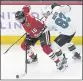  ?? NAM Y. HUH — THE ASSOCIATED PRESS ?? Blackhawks left wing Jujhar Khaira, left, controls the puck against Sharks left wing Matt Nieto on Sunday.