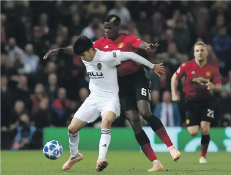  ?? EPA ?? Paul Pogba, centre, and most of his Manchester United teammates failed to put up a convincing display against Valencia