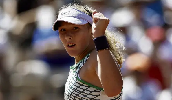  ?? PHOTO: REUTERS ?? Making history . . . Russian qualifier Mirra Andreeva celebrates after the 16yearold stormed into the third round with a 61, 62 win over Frenchwoma­n Diane Parry at the French Open in Paris yesterday.