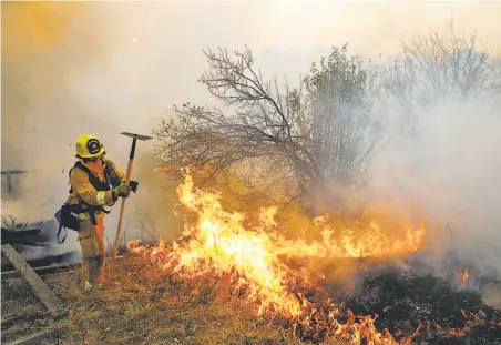 ?? Gabrielle Lurie / The Chronicle ?? A San Mateo County firefighte­r works to extinguish a spot fire off Chalk Hill Road in Sonoma County during the Kincade Fire.