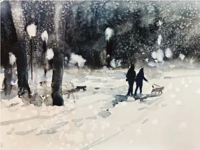  ??  ?? The salt effect ▶
Walking the Dog in the Snow at Night, watercolou­r, 10¼315in (26338cm).
For this painting I used table salt, medium paper, various paints and an immediate light sprinkle of salt from a height of about 10cm onto a freshly applied wet wash