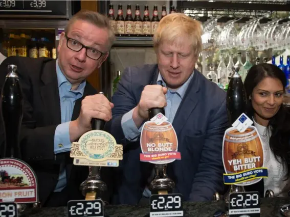  ??  ?? Michael Gove, Boris Johnson and Priti Patel pull pints of beer at the Old Chapel pub in Darwen in Lancashire, as part of the Vote Leave EU referendum campaign (PA)