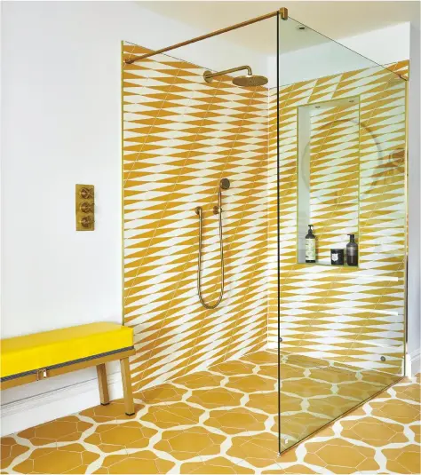  ??  ?? Hexa pattern floor tiles, £88.80sq m; Diamond pattern wall tiles, £92.40sq m, both in
Yellow J and Stone, Mosaic Factory. Interior design by Caz Myers Design