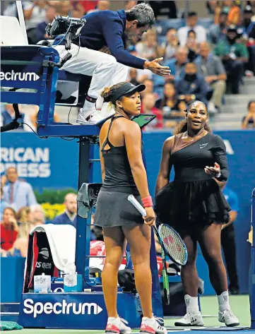  ??  ?? Flashpoint: Serena Williams complains to the umpire during her defeat by Naomi Osaka in yesterday’s US Open final