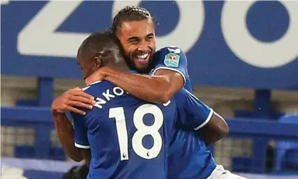  ??  ?? Everton’s Dominic Calvert-Lewin celebrates after scoring his hat-trick goal against West Ham. Photograph: Peter Byrne/EPA