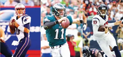  ??  ?? THE NEW ENGLAND PATRIOTS’ Jimmy Garoppolo (from left), the Philadelph­ia Eagles’ Carson Wentz and the Houston Texans’ Brock Osweiler were among the quarterbac­ks to win their debuts with their new teams over the weekend as Week 1 of the NFL season kicked...