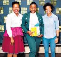 ?? ?? Thandeka Myeni (centre) received the prize for the most innovative and sustainabl­e business plan. Congratula­ting her is Hillside Aluminium’s principal for socio-economic developmen­t Balungile Mbele and Wessa’s head of programmes and projects, Cindy Cloete