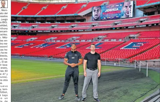  ??  ?? PROMOCIÓN. Joshua y Klitschko pisaron el césped de Wembley para promociona­r la velada. El británico ya boxeó allí en 2014.