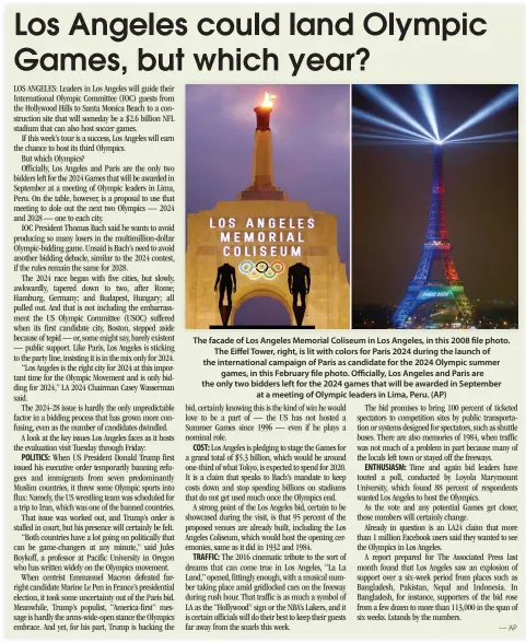  ??  ?? The facade of Los Angeles Memorial Coliseum in Los Angeles, in this 2008 file photo. The Eiffel Tower, right, is lit with colors for Paris 2024 during the launch of the internatio­nal campaign of Paris as candidate for the 2024 Olympic summer games, in...