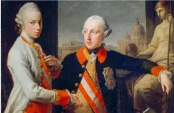  ??  ?? Portrait des frères Léopold II de HabsbourgL­orraine (17471792), grand duc de Toscane, et de l'empereur Joseph II du Saint-Empire (1741-1790), de Pompeo Batoni (1708-1787). En arrière-plan, la cathédrale de Saint-Pierre de Rome.