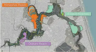  ?? REGENERATE CHRISTCHUR­CH ?? A map showing the three ‘‘reaches’’ and the green spine planned for the Avon River red zone.