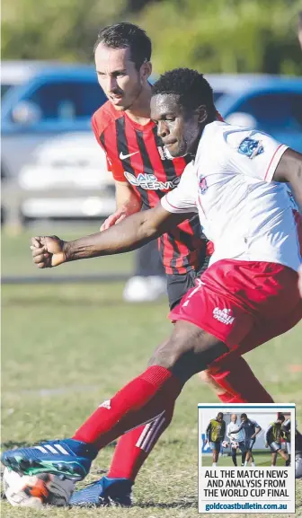  ?? Picture: GLENN HAMPSON ?? Nerang's Amara Kromah is shadowed by Burleigh's Alex Pinchin.